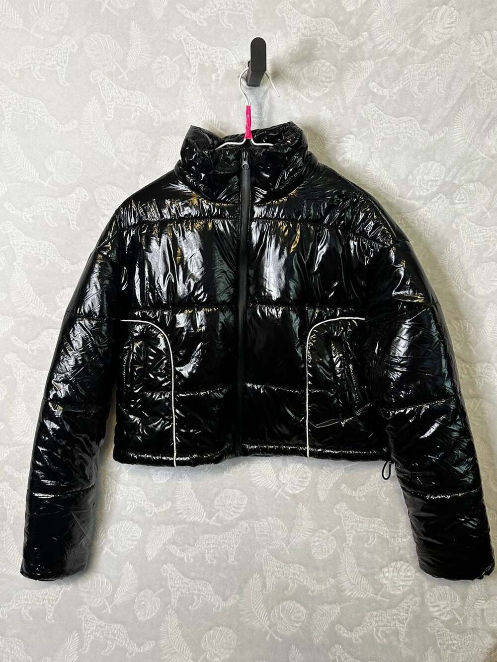 PRETTYLITTLETHING Black Patent Vinyl Cropped Puffer Jacket Size 4